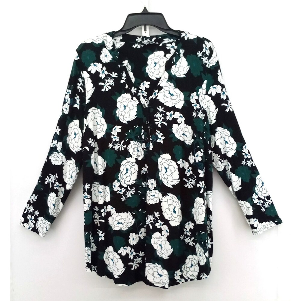 Evans Blouse Women Size 14 Black Green White Floral Long Sleeve V Neck Top